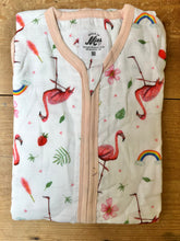 Load image into Gallery viewer, Super soft summer baby sleeping bag of bamboo textile with a flamingo print
