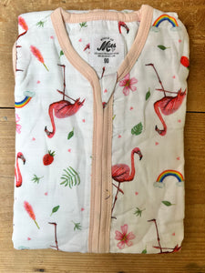 Super soft summer baby sleeping bag of bamboo textile with a flamingo print