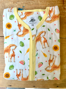 Super soft summer baby sleeping bag of bamboo textile with a giraffe print