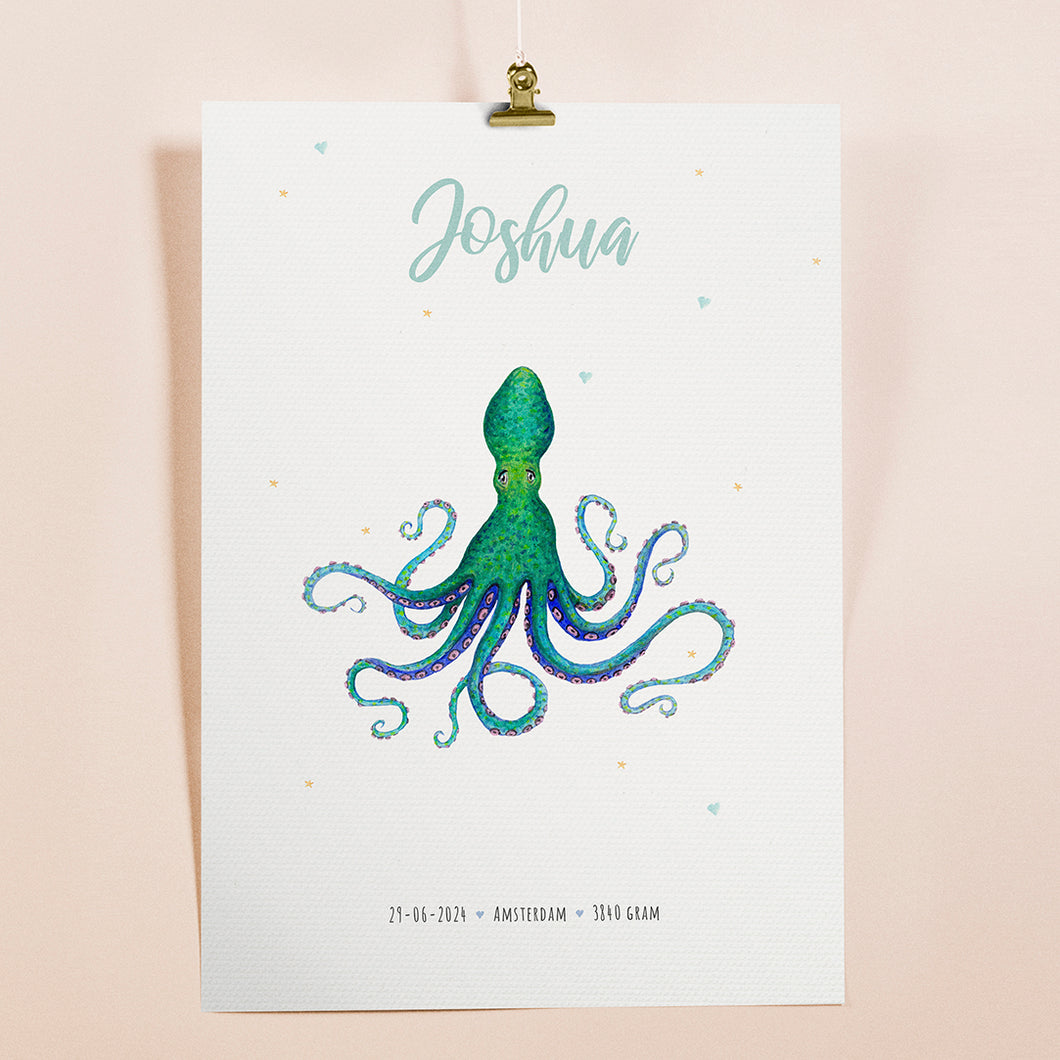 Geboorteposter octopus - gepersonaliseerd - A3