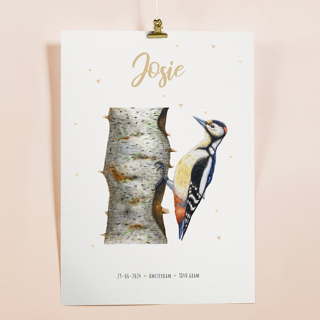 Birth poster woodpecker - personalised - A3