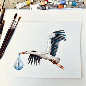 Origineel aquarel schilderij ooievaar