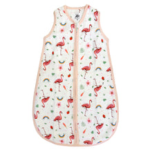Load image into Gallery viewer, Super soft summer baby sleeping bag of bamboo textile with a flamingo print
